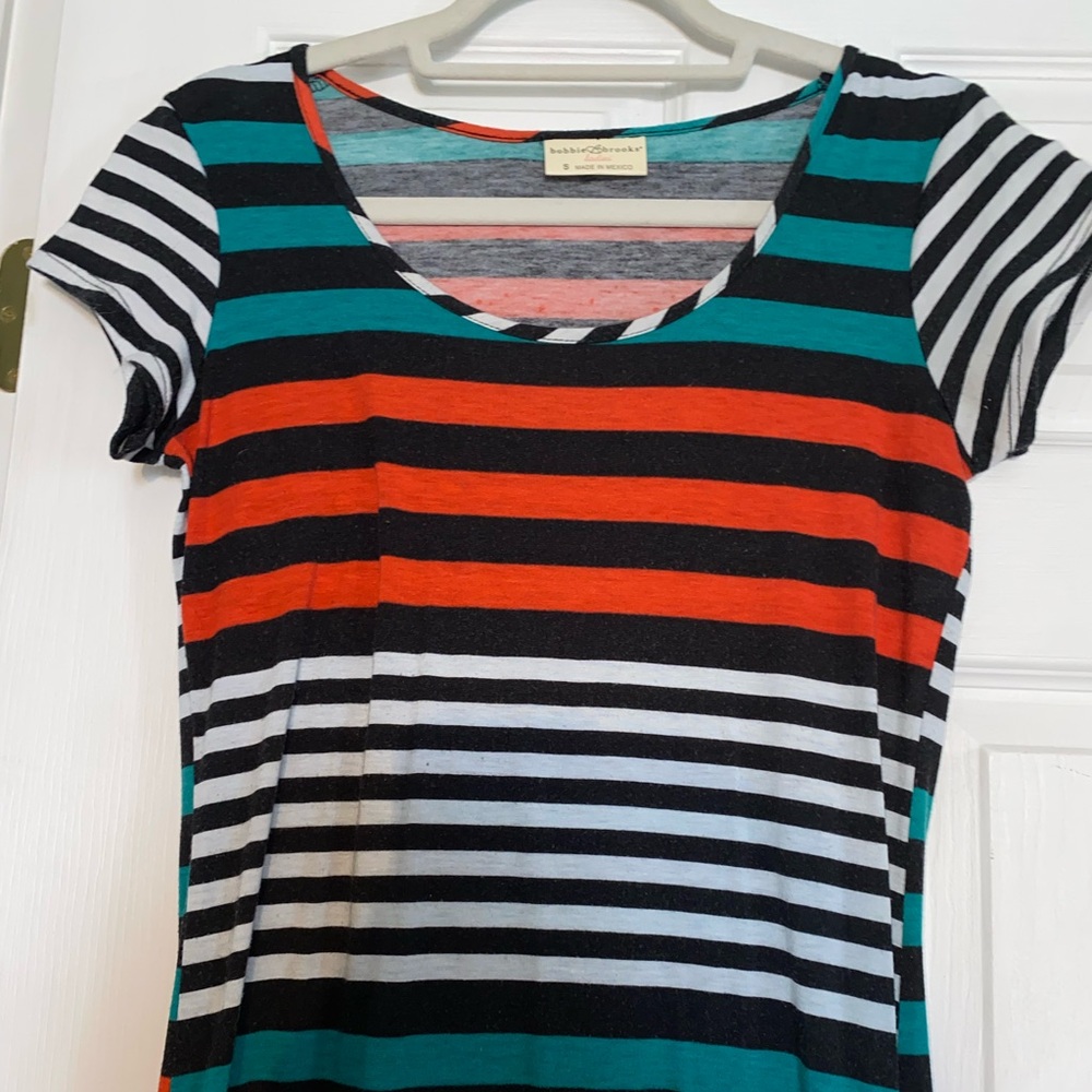 Black, White, Red, and Teal Striped maxi dress